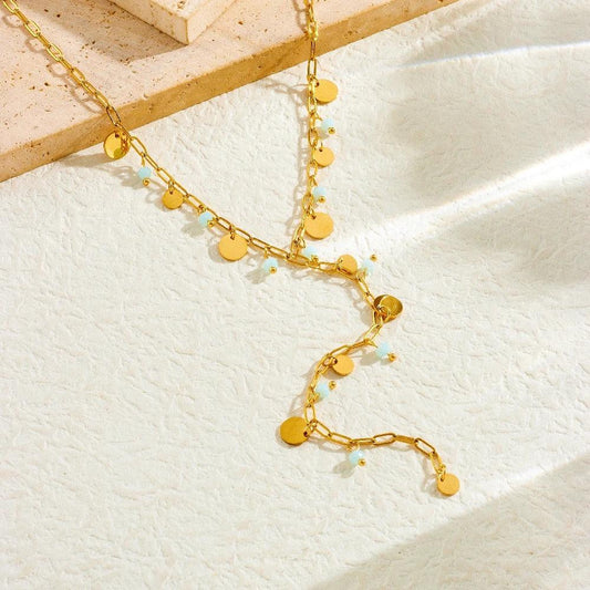 Colier auriu, din otel inoxidabil, suflat cu aur 18k, cu banuti si margelute, Edita C1 - Pursehuit.ro