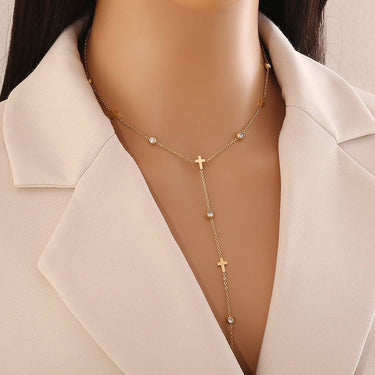 Colier auriu, din otel inoxidabil, suflat cu aur 18k, cu cruciulite si pietre din zirconiu, Edora C1