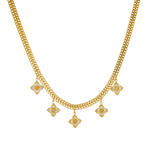 Colier auriu, din otel inoxidabil, suflat cu aur 18k, cu floricele si pietre, Risa C5
