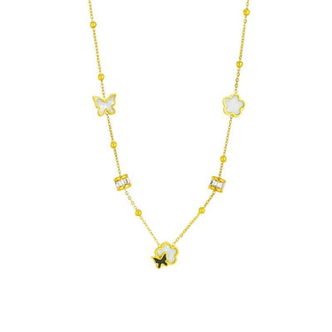 Colier auriu, din otel inoxidabil, suflat cu aur 18k, cu floricele si pietre din zirconiu, Eida C1 - Pursehuit.ro