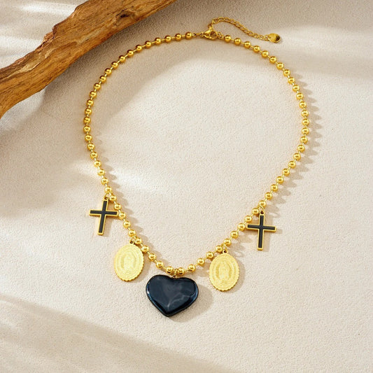 Colier auriu, din otel inoxidabil, suflat cu aur 18k, cu inima neagra si cruciulite, Rinda C5