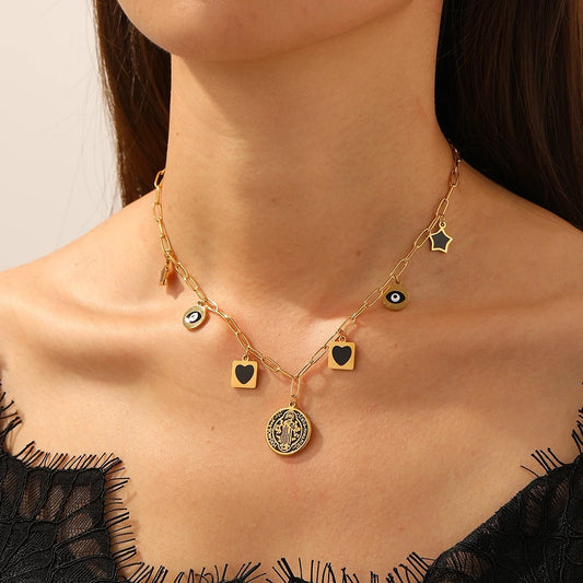 Colier auriu, din otel inoxidabil, suflat cu aur 18k, cu inimioare si stelute, Rieke C5