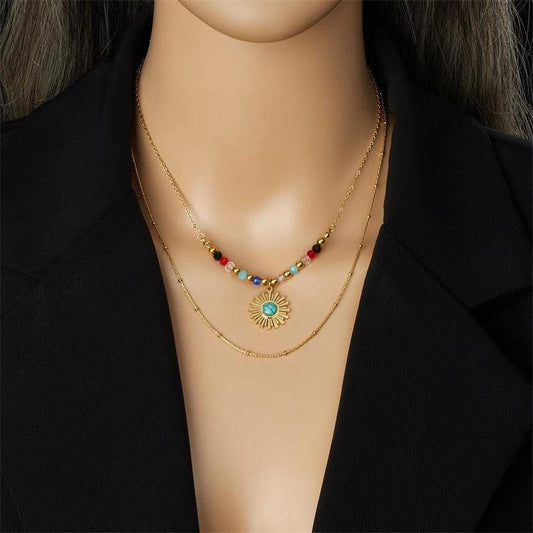 Colier auriu, din otel inoxidabil, suflat cu aur 18k, cu margelute si soare, Dunya C1 - Pursehuit.ro