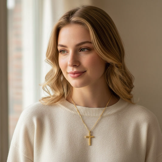 Colier auriu, din otel inoxidabil, suflat cu aur 18k, cu pandantiv cruciulita, Sofia C4