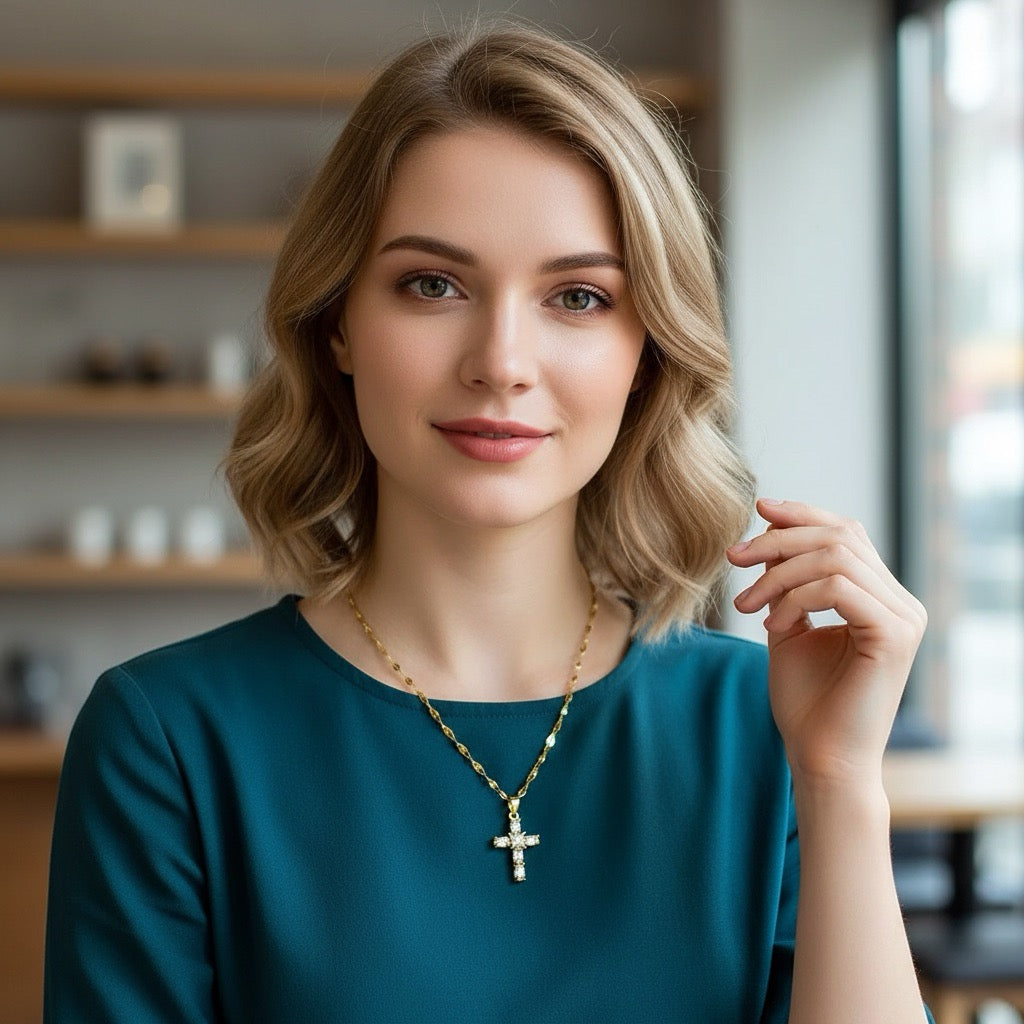 Colier auriu, din otel inoxidabil, suflat cu aur 18k, cu pandantiv cruciulita si pietre din zirconiu, Siri C4