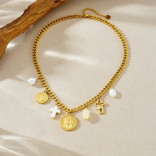 Colier auriu, din otel inoxidabil, suflat cu aur 18k, cu pandantive rotunde si cruciulite, Rika C5