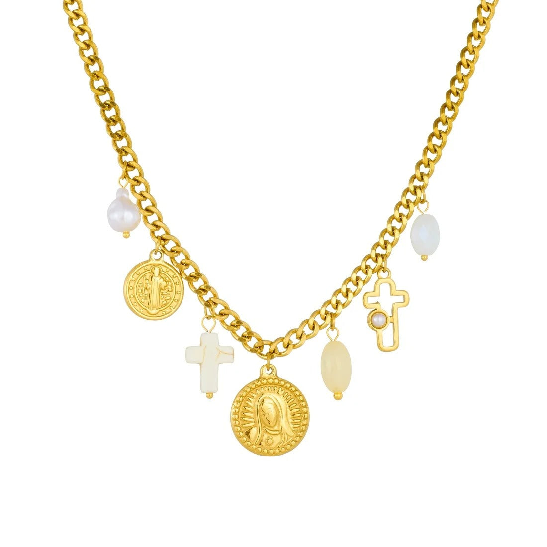 Colier auriu, din otel inoxidabil, suflat cu aur 18k, cu pandantive rotunde si cruciulite, Rika C5