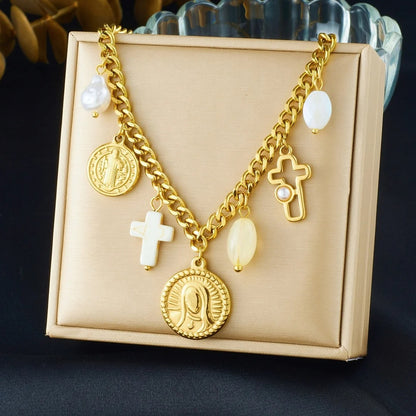 Colier auriu, din otel inoxidabil, suflat cu aur 18k, cu pandantive rotunde si cruciulite, Rika C5