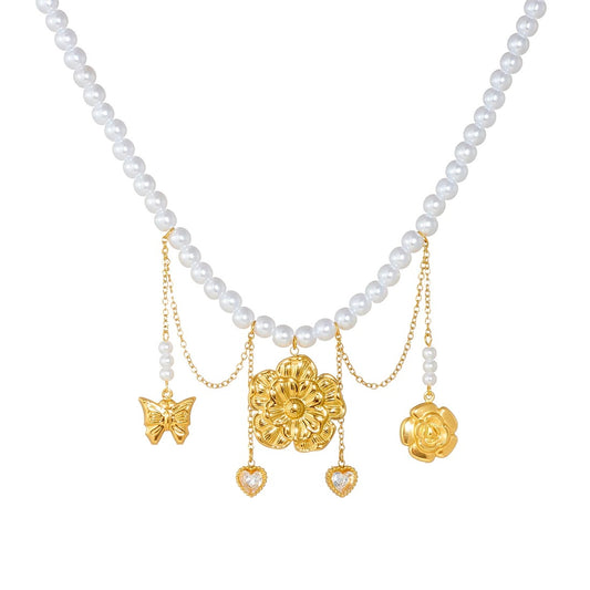 Colier auriu, din otel inoxidabil, suflat cu aur 18k, cu perlute, flori si pietre, Ricarda C5