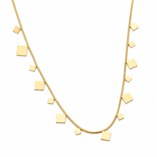 Colier auriu, din otel inoxidabil, suflat cu aur 18k, cu piese patrate, Rinette C5