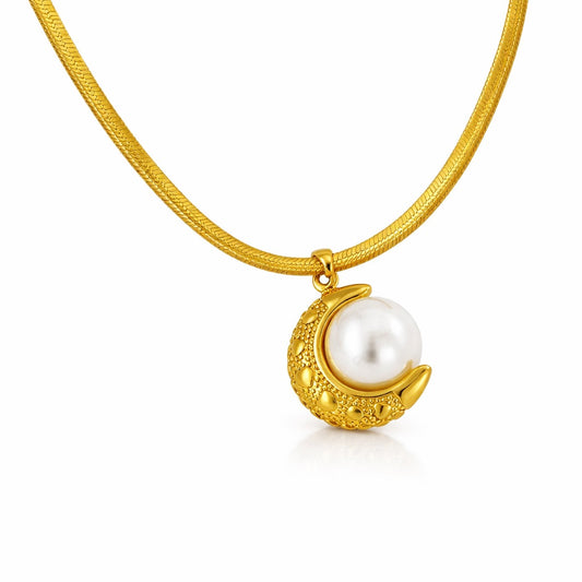 Colier auriu, din otel inoxidabil, suflat cu aur 18k, cu semiluna si perla, Eimy C2