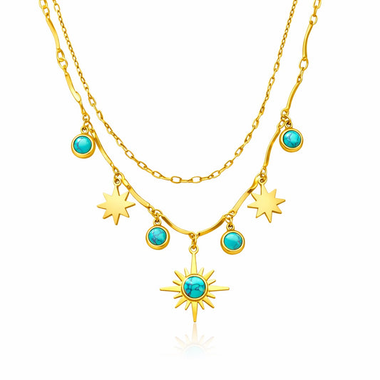 Colier auriu, din otel inoxidabil, suflat cu aur 18k, cu soare si stelute, Desire C9