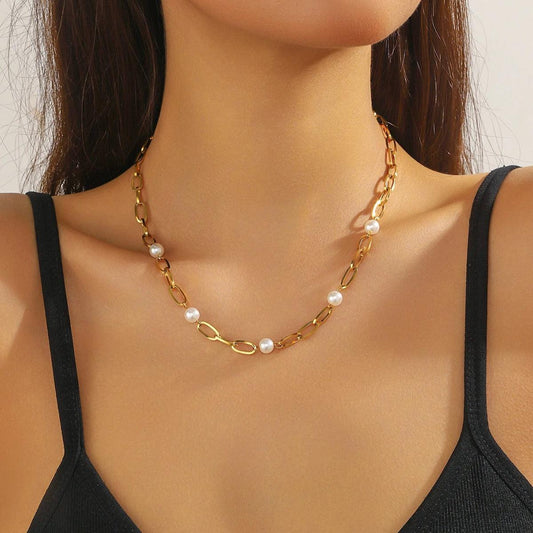 Colier auriu, din otel inoxidabil, suflat cu aur 18k, cu zale si perlute, Elija C2 - Pursehuit.ro