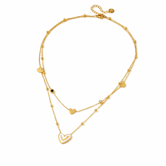 Colier auriu, din otel inoxidabil, suflat cu aur 18k, in 2 straturi, cu inimioare, Elayne C2