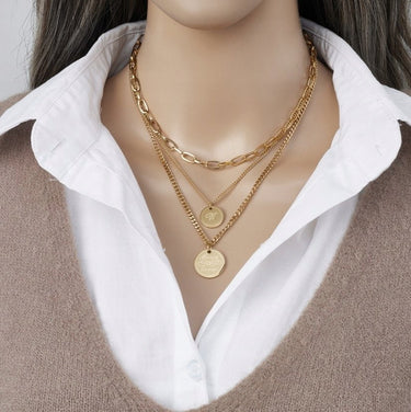 Colier auriu, din otel inoxidabil, suflat cu aur 18k, in 3 straturi, cu banuti, Doreen C12