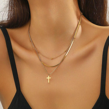 Colier auriu, din otel inoxidabil, suflat cu aur 18k, in 3 straturi, cu cruciulita, Elfa C2 - Pursehuit.ro