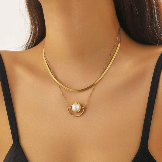 Colier auriu, din otel inoxidabil, suflat cu aur 18k, stil minimalist, cu perla, Ekarda C2 - Pursehuit.ro