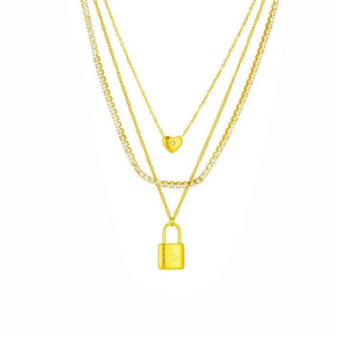 Colier auriu, din otel inoxidabil, suflat cu aur 18k, tennis, in 3 straturi, cu pietre si lacat, Dyveke C1 - Pursehuit.ro