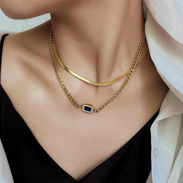 Colier auriu, in 2 straturi, cu zale si pietre, din otel inoxidabil, suflat cu aur 18k, Dave C5