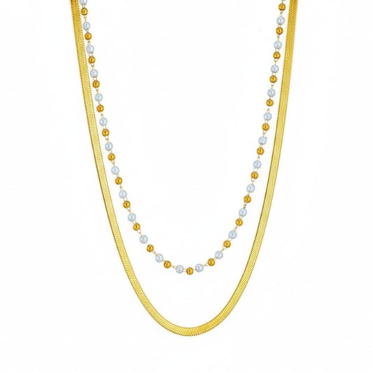 Colier auriu, in 2 straturi, din otel inoxidabil, cu perle, suflat cu aur 18k, Raisa C5