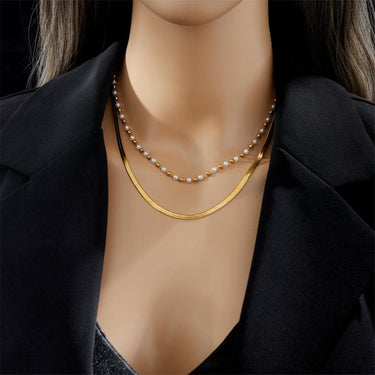 Colier auriu, in 2 straturi, din otel inoxidabil, cu perle, suflat cu aur 18k, Raisa C5