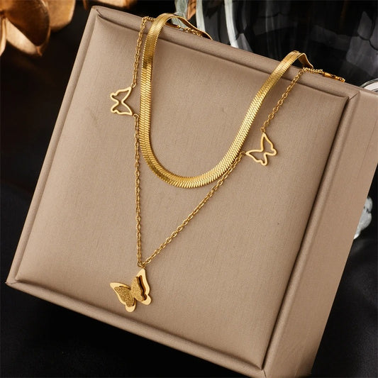 Colier auriu, in 2 straturi, din otel inoxidabil, suflat cu aur 18k, cu fluturasi, Stella C1