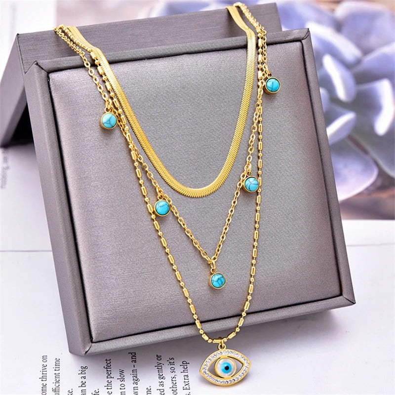 Colier auriu, otel inoxidabil, suflat cu aur 18k, in 3 straturi, cu pietre din zirconiu, Delina C1