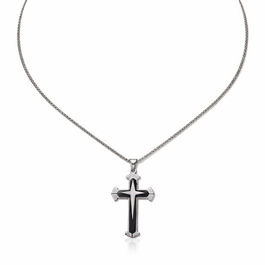 Colier barbati, argintiu, din otel inoxidabil, suflat cu aur 18k, cu pandantiv cruce, Pontus C9