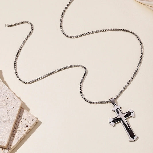 Colier barbati, argintiu, din otel inoxidabil, suflat cu aur 18k, cu pandantiv cruce, Pontus C9