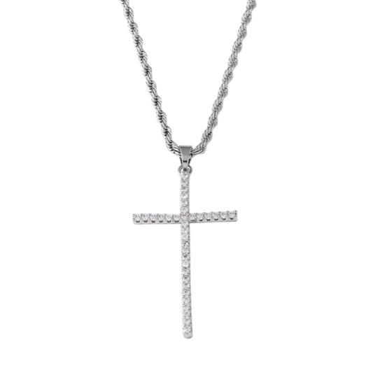 Colier barbati, argintiu, din otel inoxidabil, suflat cu aur 18k, cu pandantiv cruce si pietre din zirconiu, Pilou C9