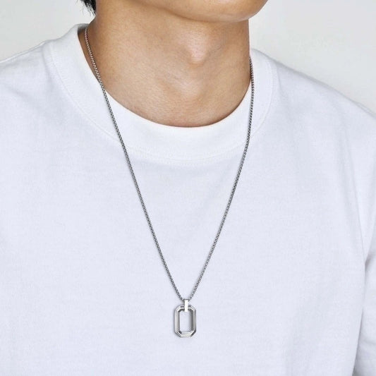 Colier barbati, argintiu, din otel inoxidabil, suflat cu aur 18k, cu pandantiv geormetric, Powel C9