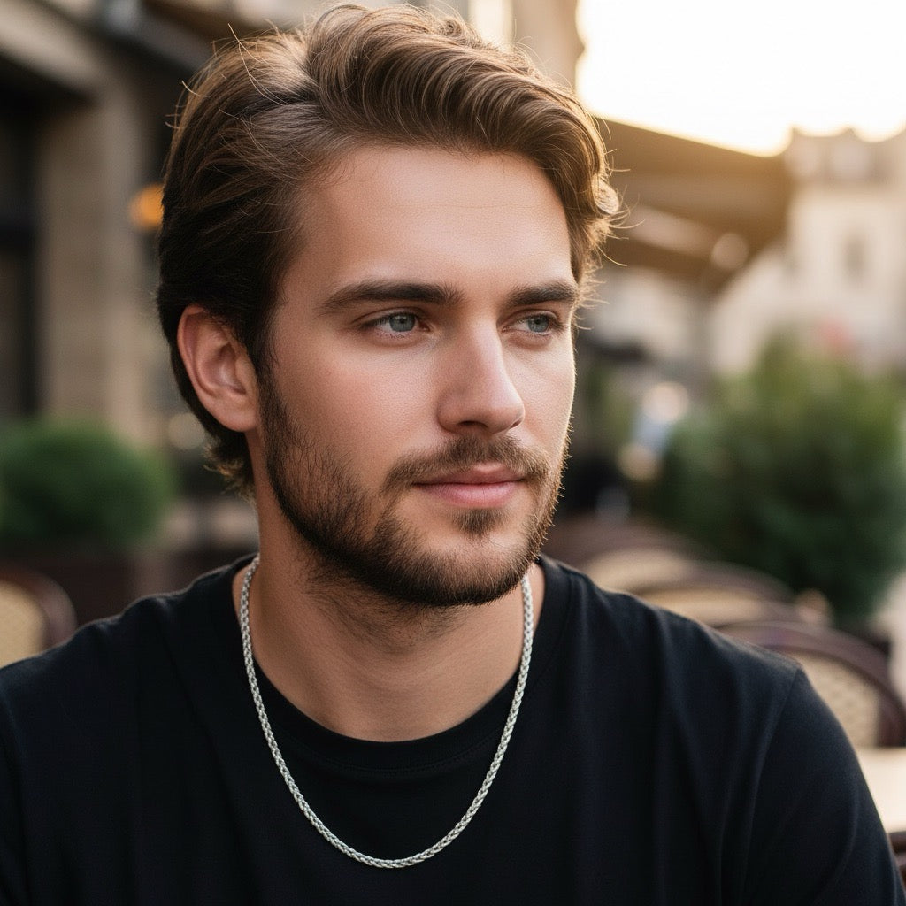 Colier barbati, argintiu, din otel inoxidabil, suflat cu aur 18k, impletit, Ralph C9