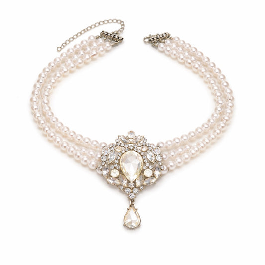 Colier choker, argintiu, masiv, cu pietre si perle, Osias C5