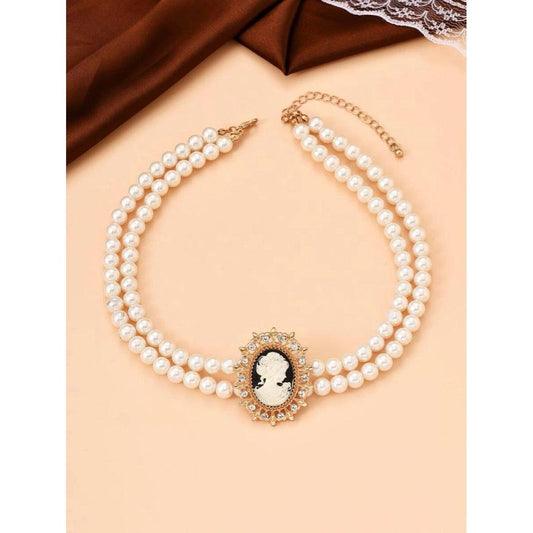 Colier choker, auriu, cu perle si pandantiv vintage, Arja C17 - Pursehuit.ro