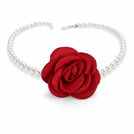 Colier choker, cu perle si floare visinie, Bendicta C14
