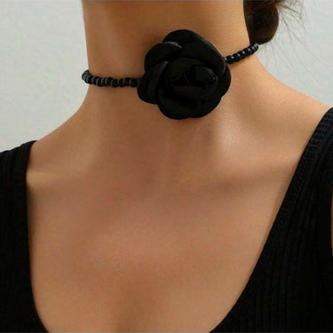 Colier choker, negru, cu perle si floare, Acacia C4