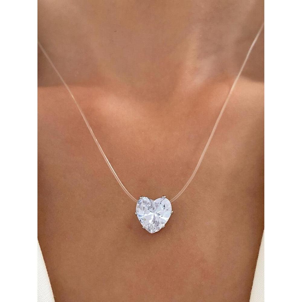 Colier cu fir transparent, argintiu, cu inima si piatra din zirconiu, Amanda C16 - Pursehuit.ro