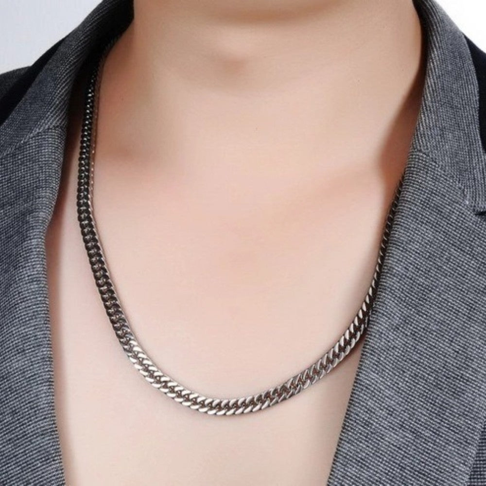 Colier cuban barbati, argintiu, din otel inoxidabil, suflat cu aur 18k, cu zale, Raimond C9