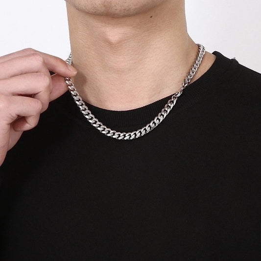 Colier cuban barbati, argintiu, din otel inoxidabil, suflat cu aur 18k, cu zale, Randall C9