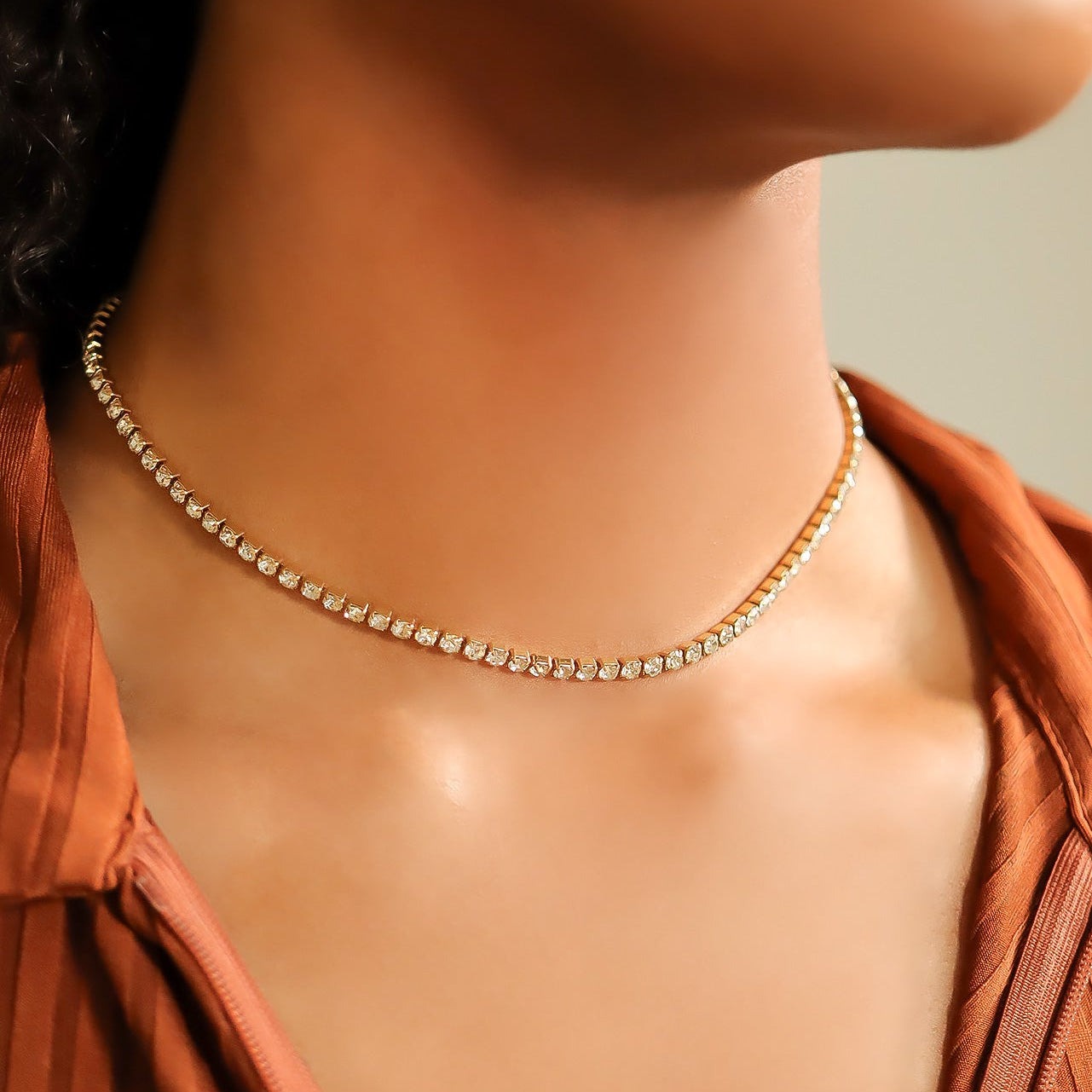 Colier tennis, auriu, din otel inoxidabil, suflat cu aur 18k, cu pietre din zirconiu, Delan C2