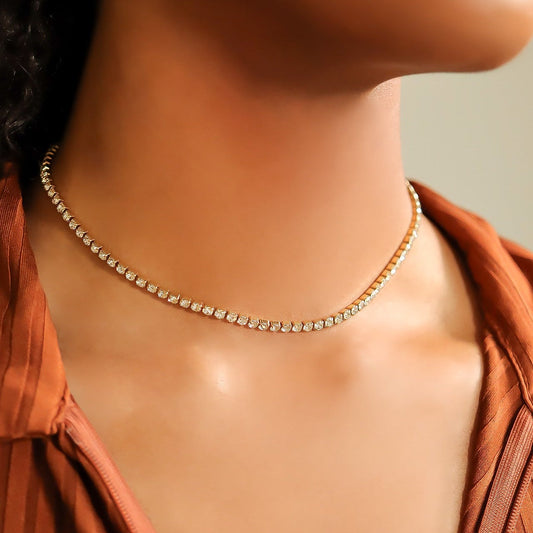 Colier tennis, auriu, din otel inoxidabil, suflat cu aur 18k, cu pietre din zirconiu, Delan C2