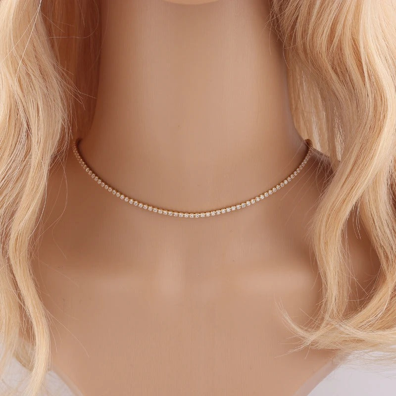 Colier tennis, auriu, din otel inoxidabil, suflat cu aur 18k, cu pietre din zirconiu, Delan C2