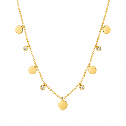 Colier auriu, din otel inoxidabil 316L, placat cu aur 18K PVD, cu banuti si pietre din zirconiu, Denice C19