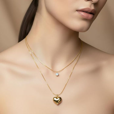 Colier auriu, in 2 straturi, din otel inoxidabil, cu inima si piatra zirconiu, suflat cu aur 18k, Rainer C5