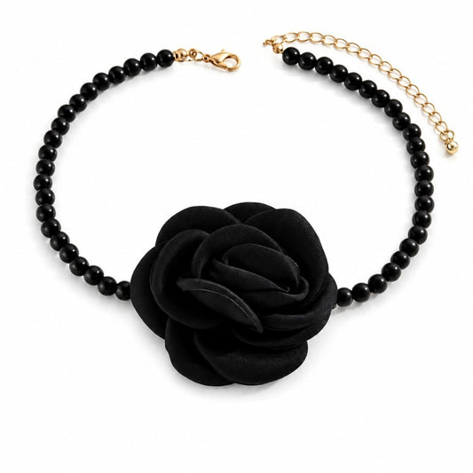 Colier choker, negru, cu perle si floare, Acacia C4