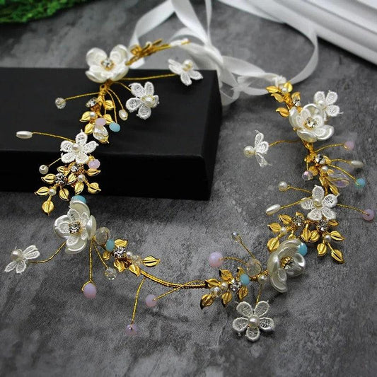 Coronita aurie, cu flori, pietre si perle, Malen C2 - Pursehuit.ro