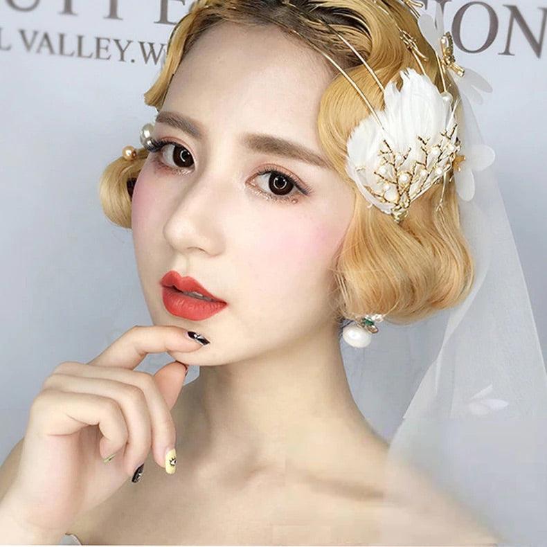 Coronita aurie, stil boho, cu pene, Athalia C2 - Pursehuit.ro