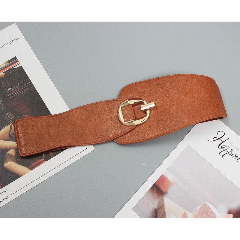 Curea de talie, maro, din piele ecologica, cu catarama aurie, Algea C2 - Pursehuit.ro