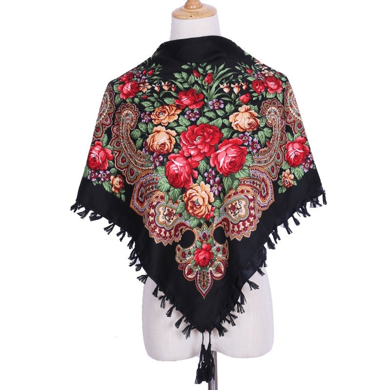 Esarfa neagra, patrata, cu ciucuri si imprimeu floral, Athalia C3