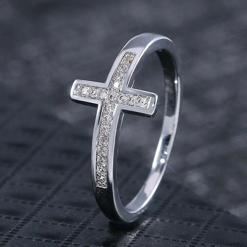 Inel argintiu, forma de cruce, cu pietre din zirconiu, Sigvor C4